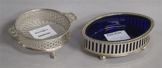 Two George V silver butter dishes, with blue or clear glass liners, largest 13.5cm.